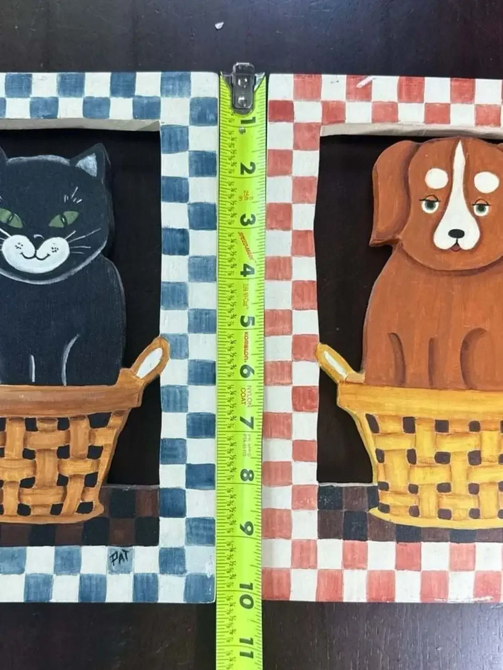 Pat Isaac Vintage Wood Cutout Wall Art Set Cat & Dog in Baskets Checked Borders